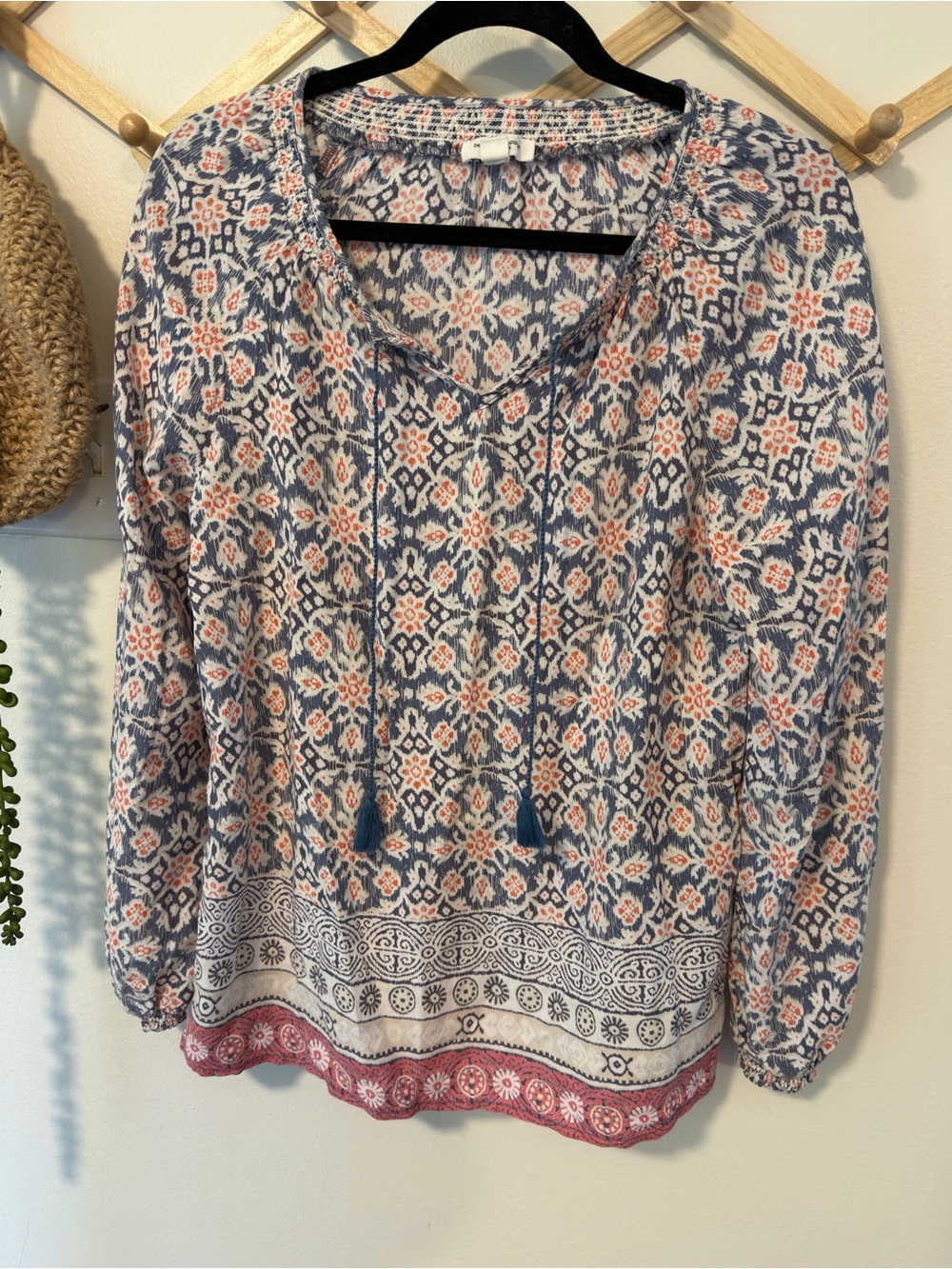 beachlunchlounge Printed Peasant Blouse in Blue and Coral